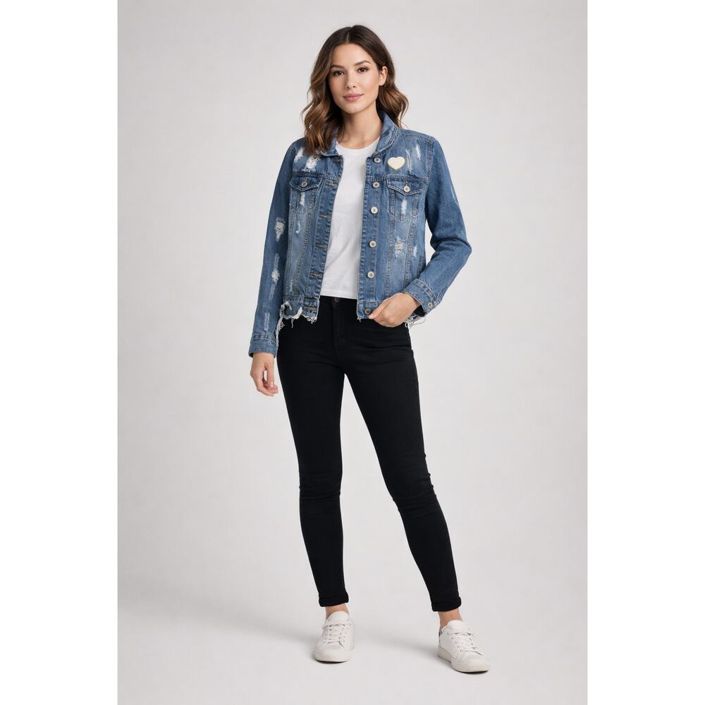 Excuse Distressed Denim Jacket Women Medium Edgy Rocker Moto Style Biker - Picture 9 of 9